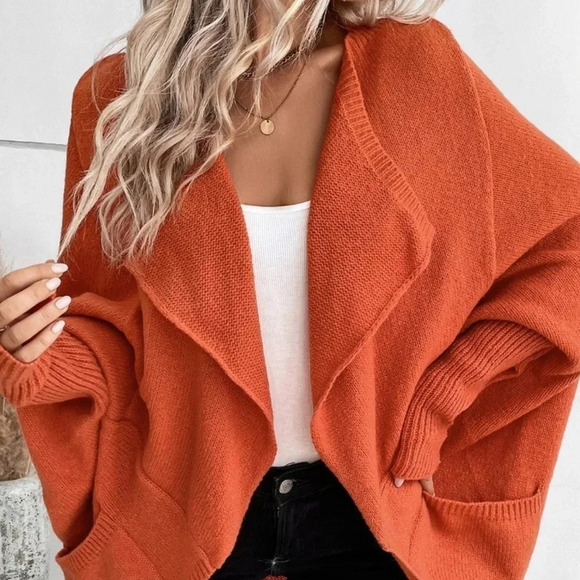 Burnt Orange Boho Womens Waterfall Collar Batwing Sleeve Cardigan - Picture 4 of 5